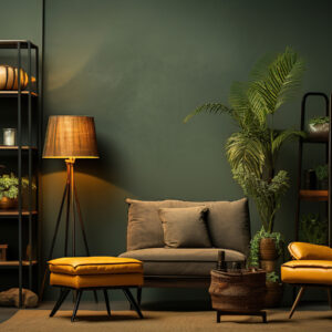 Interior of living room with armchairs and plants.